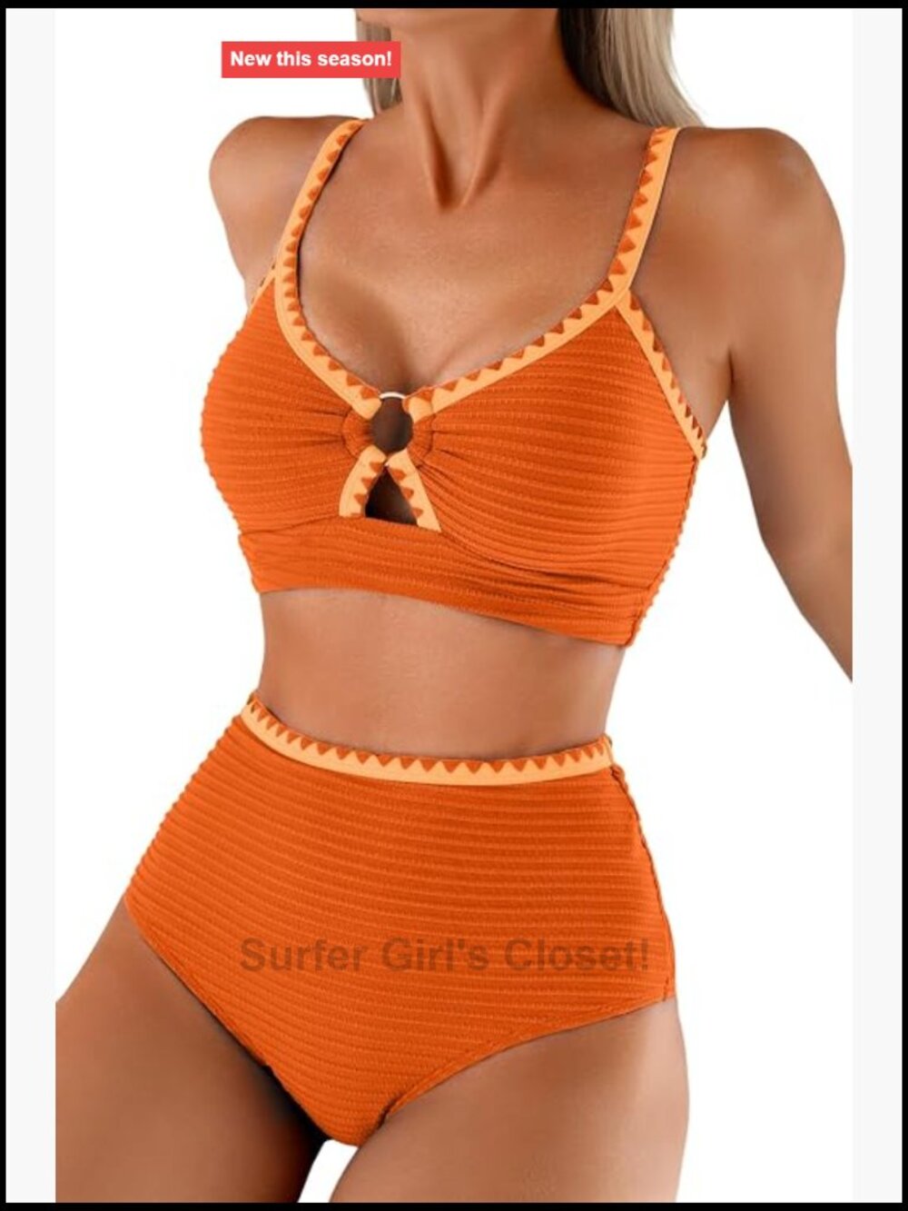 Textured Bikini Set with O Ring High Waisted Whip Stitch Bathing Suit Summer - Picture 1 of 7